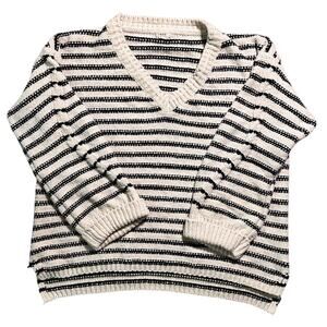 O & O Embellished Sleeve V-Neck Cream & Navy Striped Oversized Sweater Small